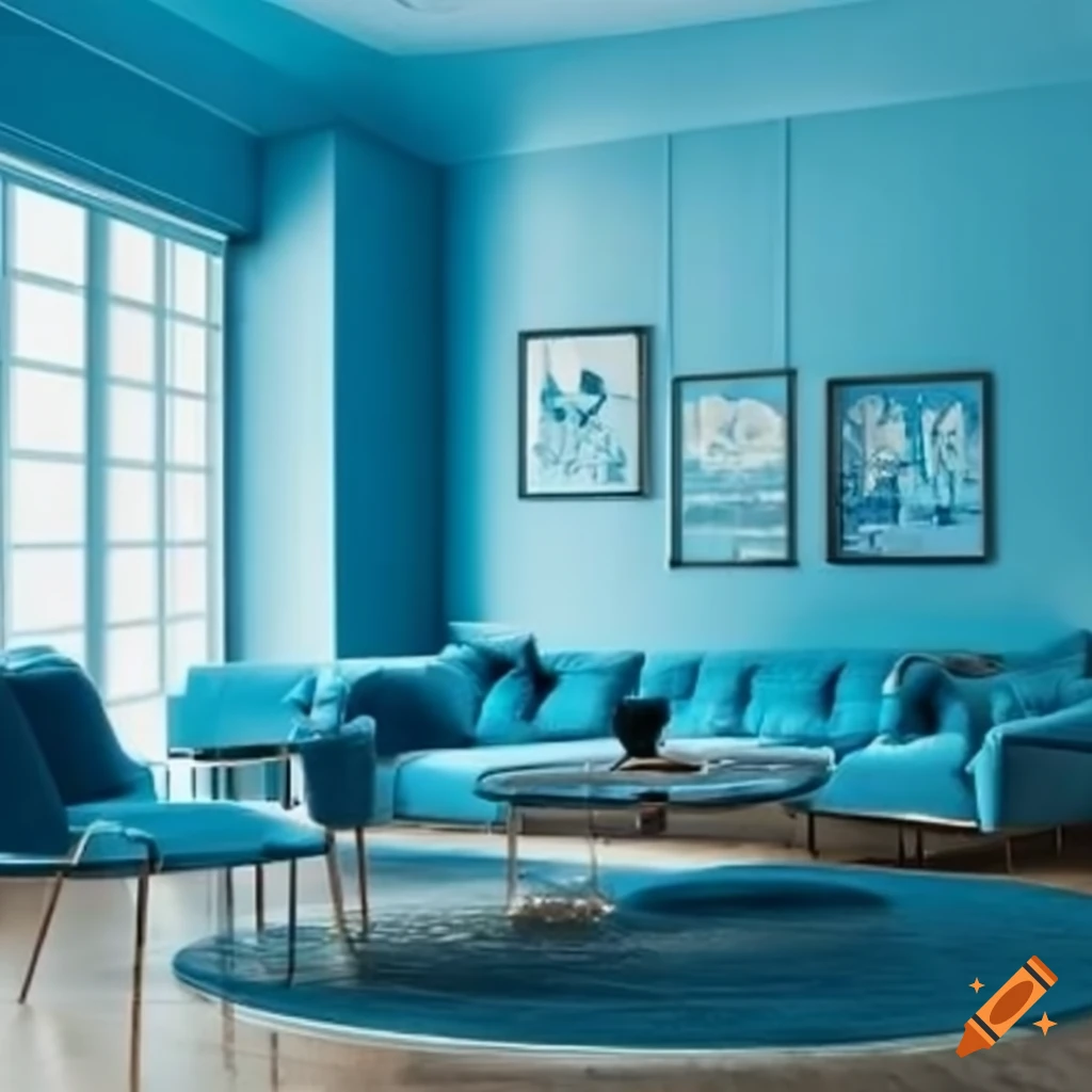 European modern interior with sky blue furniture on Craiyon