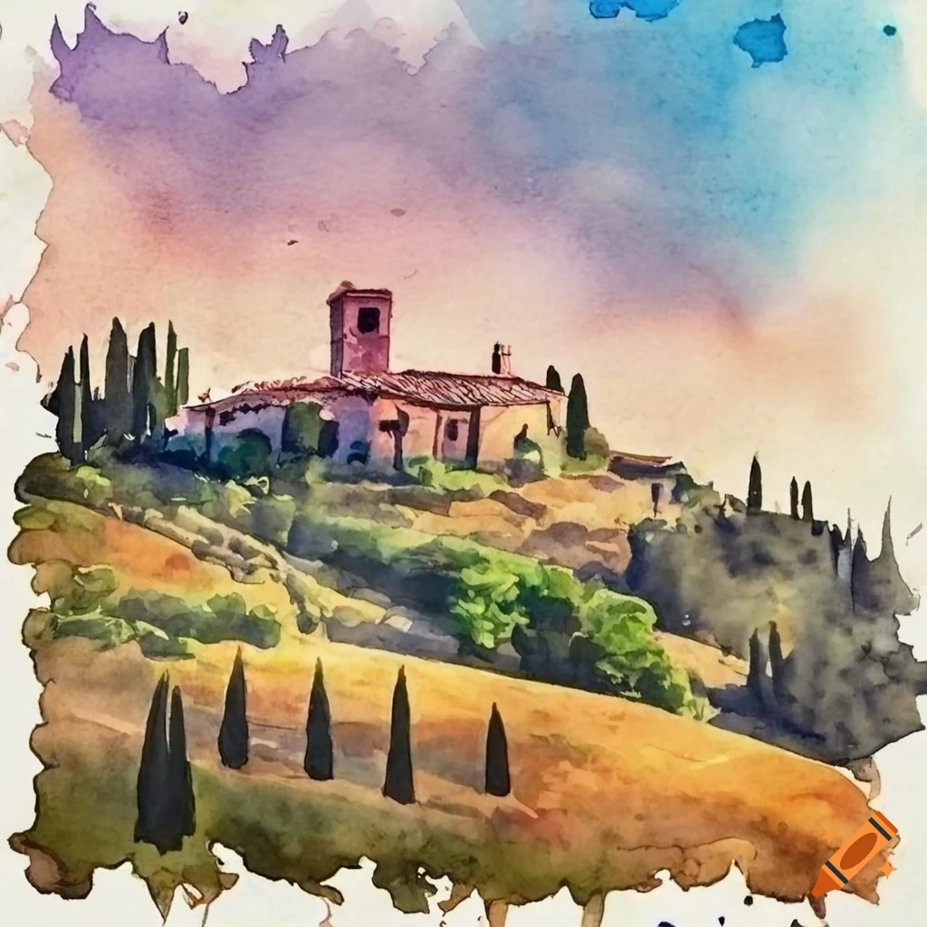Detailed watercolor painting of a picturesque Italian house in Tuscany on top of a hill