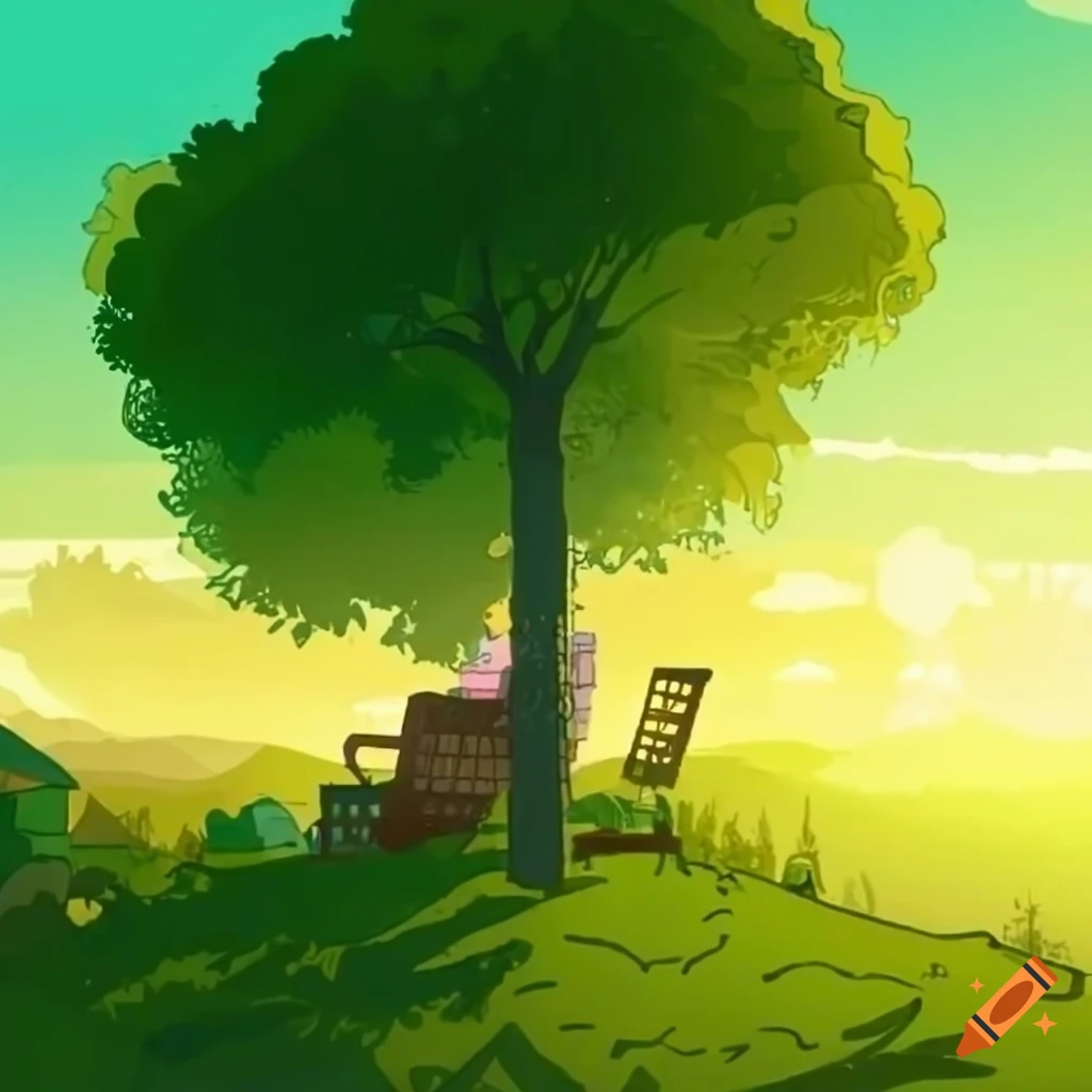 Lofi town with big green trees in the daytime sun