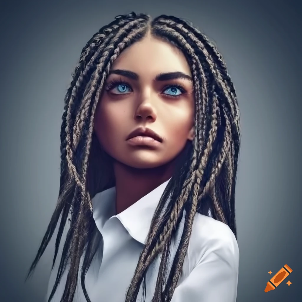 Beautiful woman with intricate braided hair, white shirt, and grey eyes