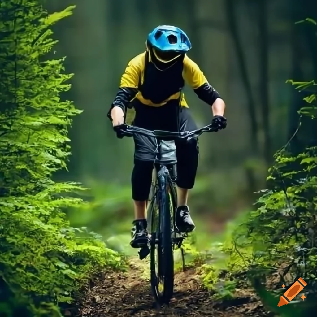 Man mountain biking in a forest with black helmet and yellow jacket