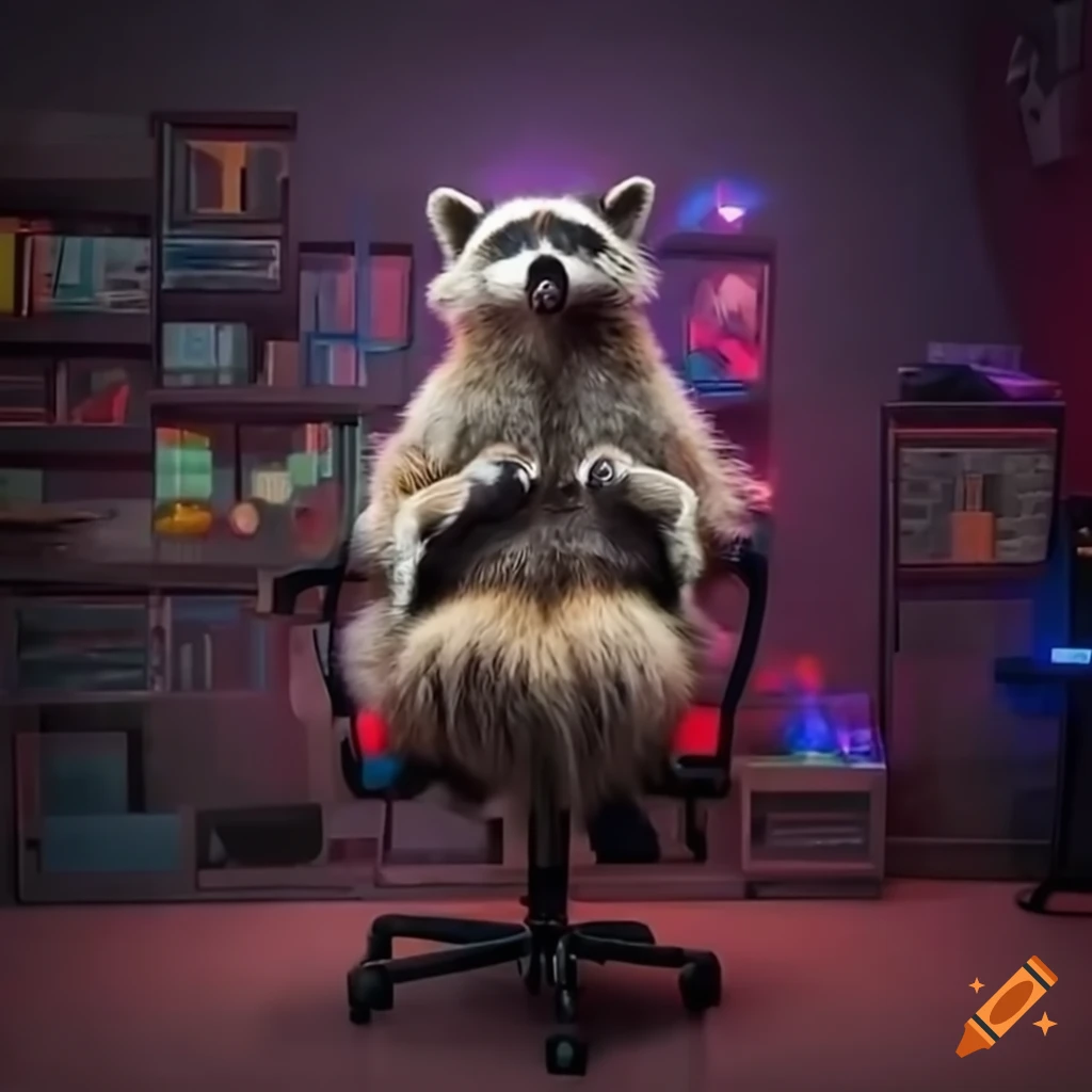 Overweight raccoon in gaming chair with headset in childhood room
