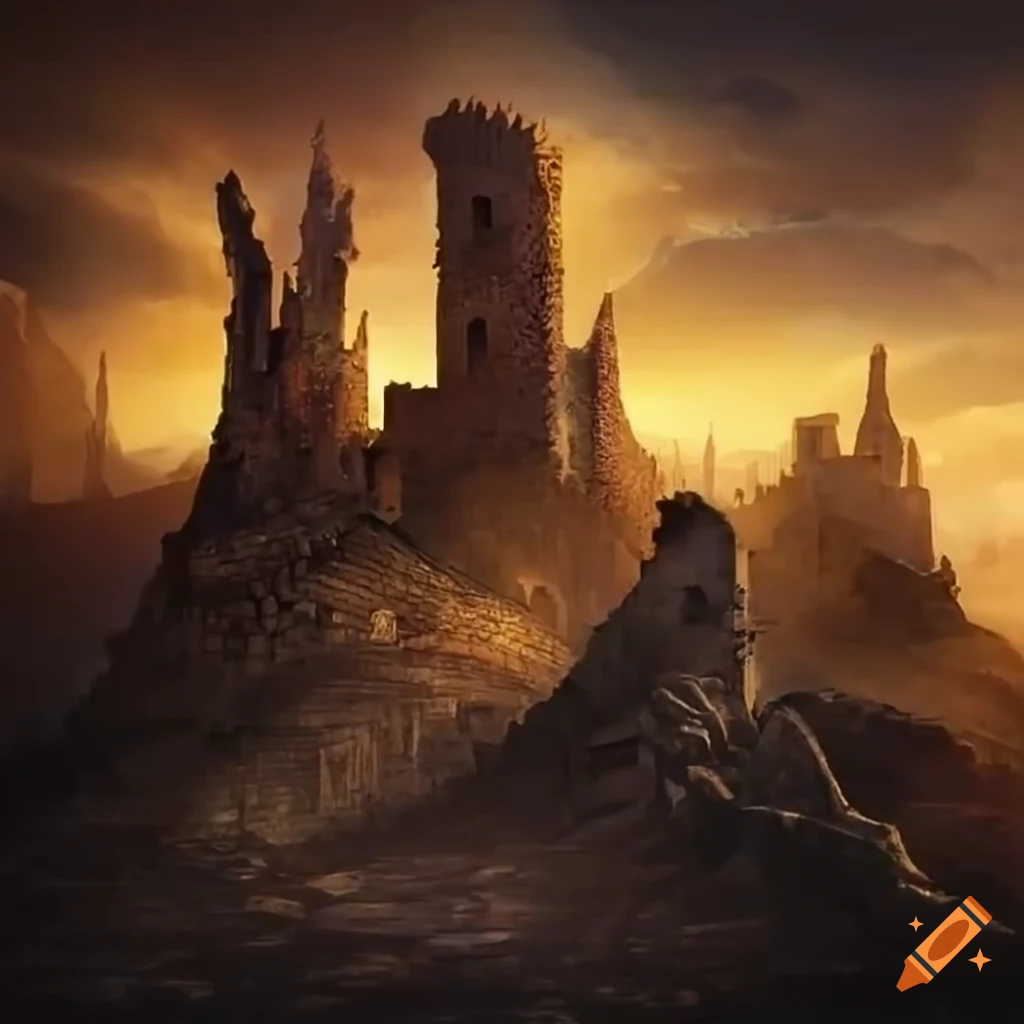 Castle ruins of the skeleton king with a town nearby on Craiyon