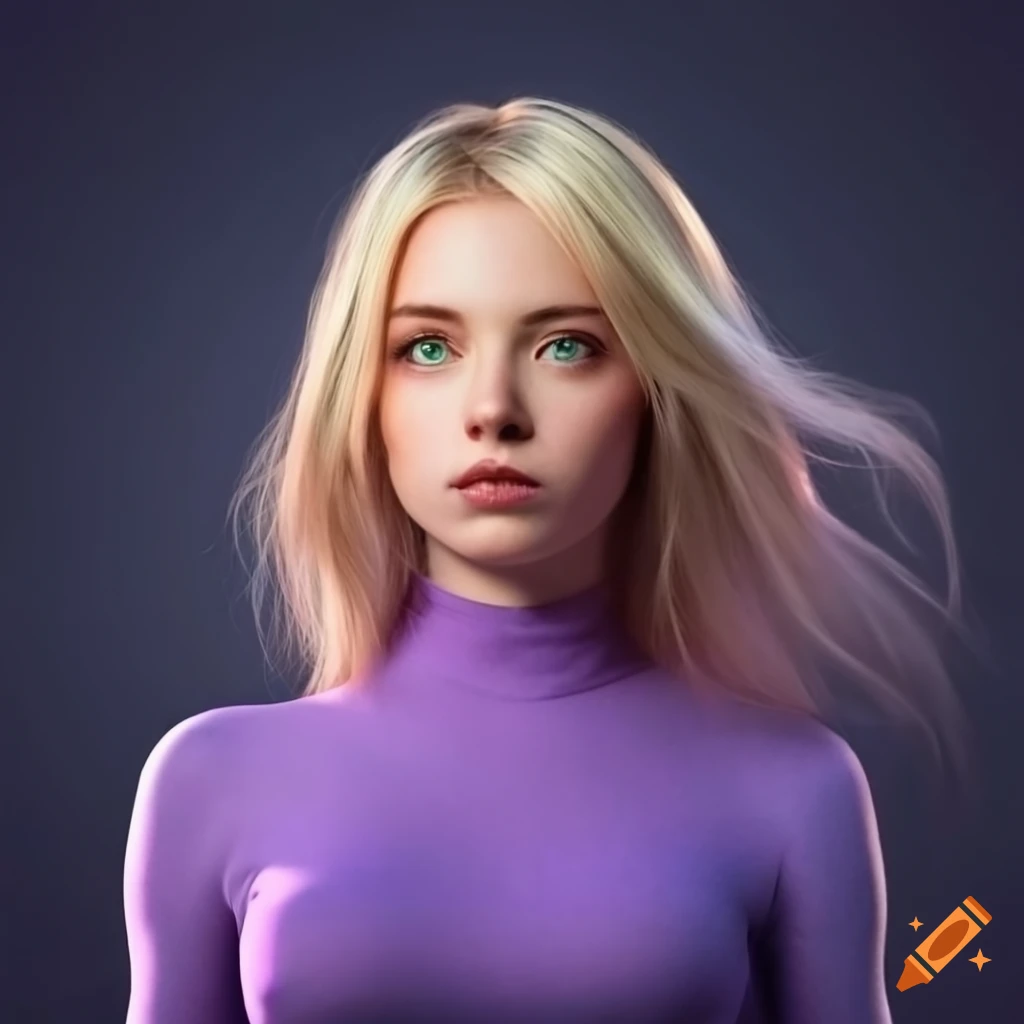 Girl with green eyes, blonde hair, and purple shirt on Craiyon