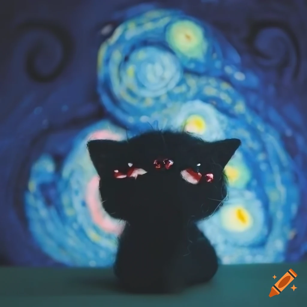 Sad black needle felt cat under a starry night in Tim Burton style