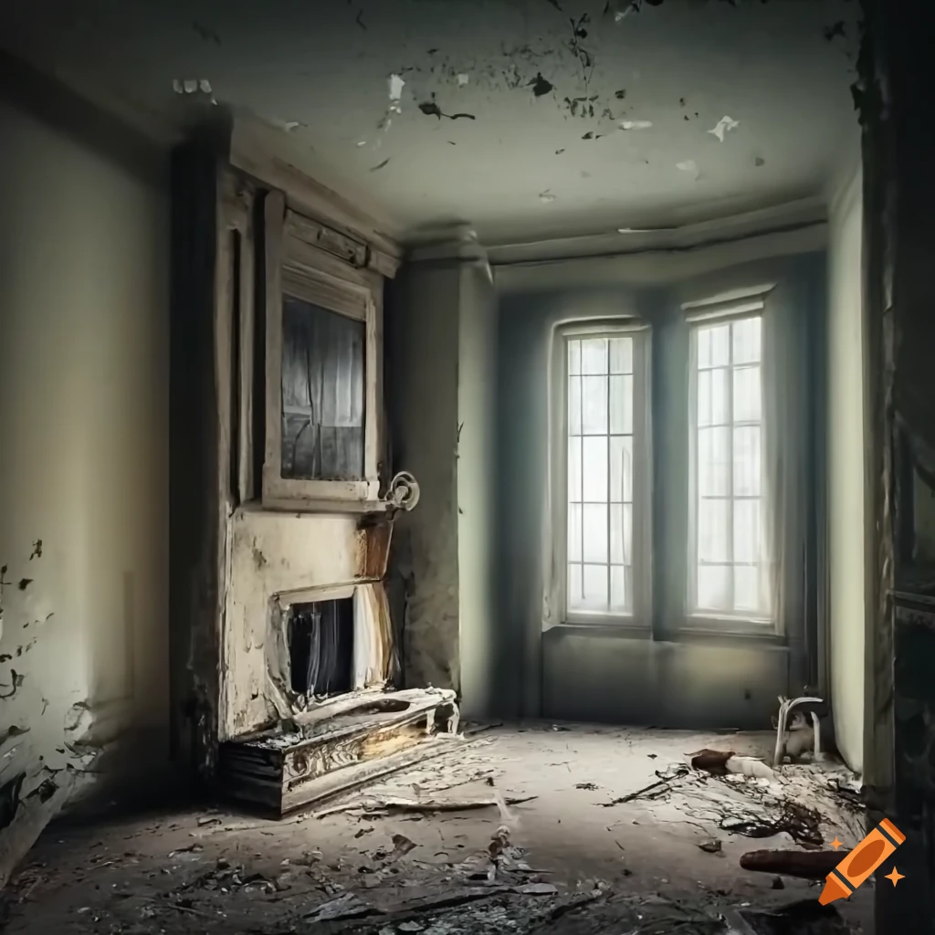 Sunny abandoned room with a fireplace on a foggy day