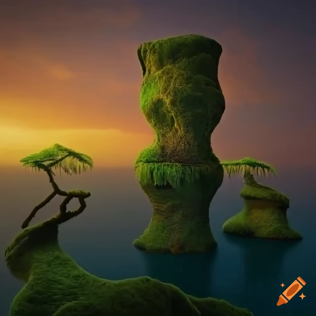 Biomorphic moss-covered tower trees in fern forest with surreal magic ...