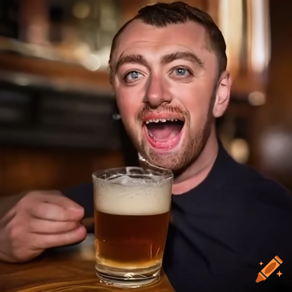 Pop star sam smith enjoying a pint in a samuel smith branded pub on Craiyon