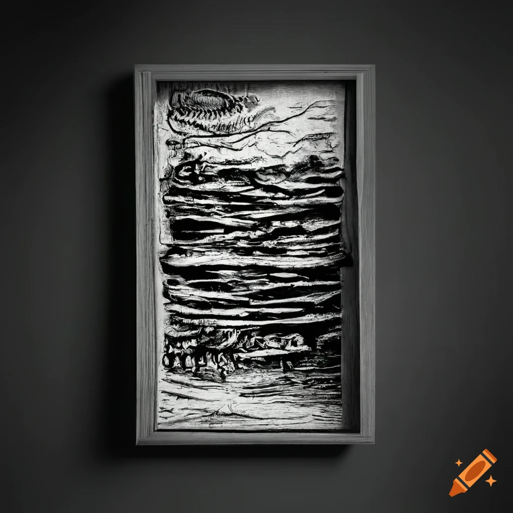Highly detailed black and white print etching of bones on wooden window
