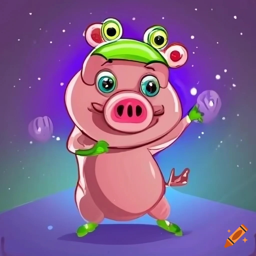 Cartoon pig in frog-shaped winter hat dancing in disco