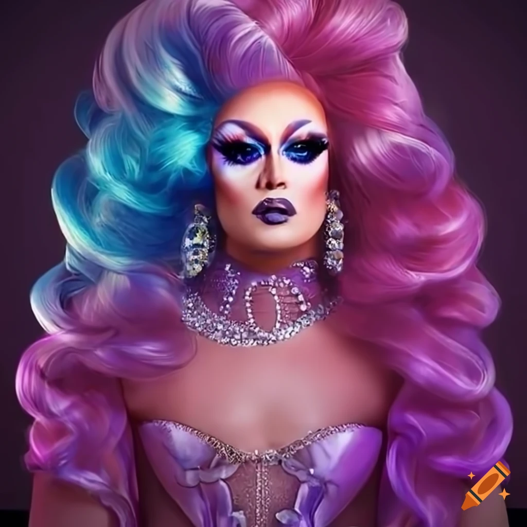 Elaborately styled plus-sized drag queen in luxurious high-fashion look