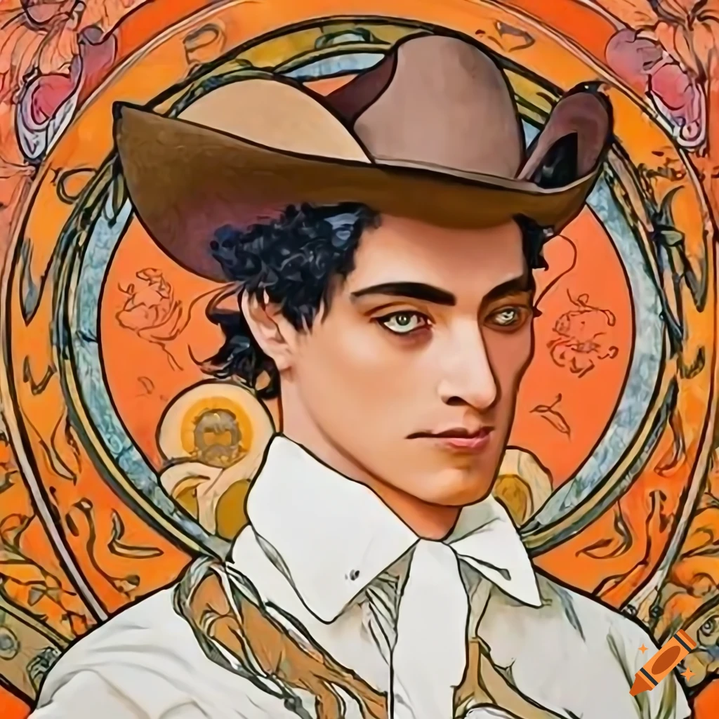 Portrait of a handsome 45-year-old Spanish man in a white shirt and cowboy hat in an Art Nouveau style by Alphonse