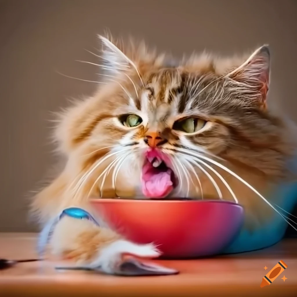 Fluffy cat licking cream while being watched by a colorful mouse