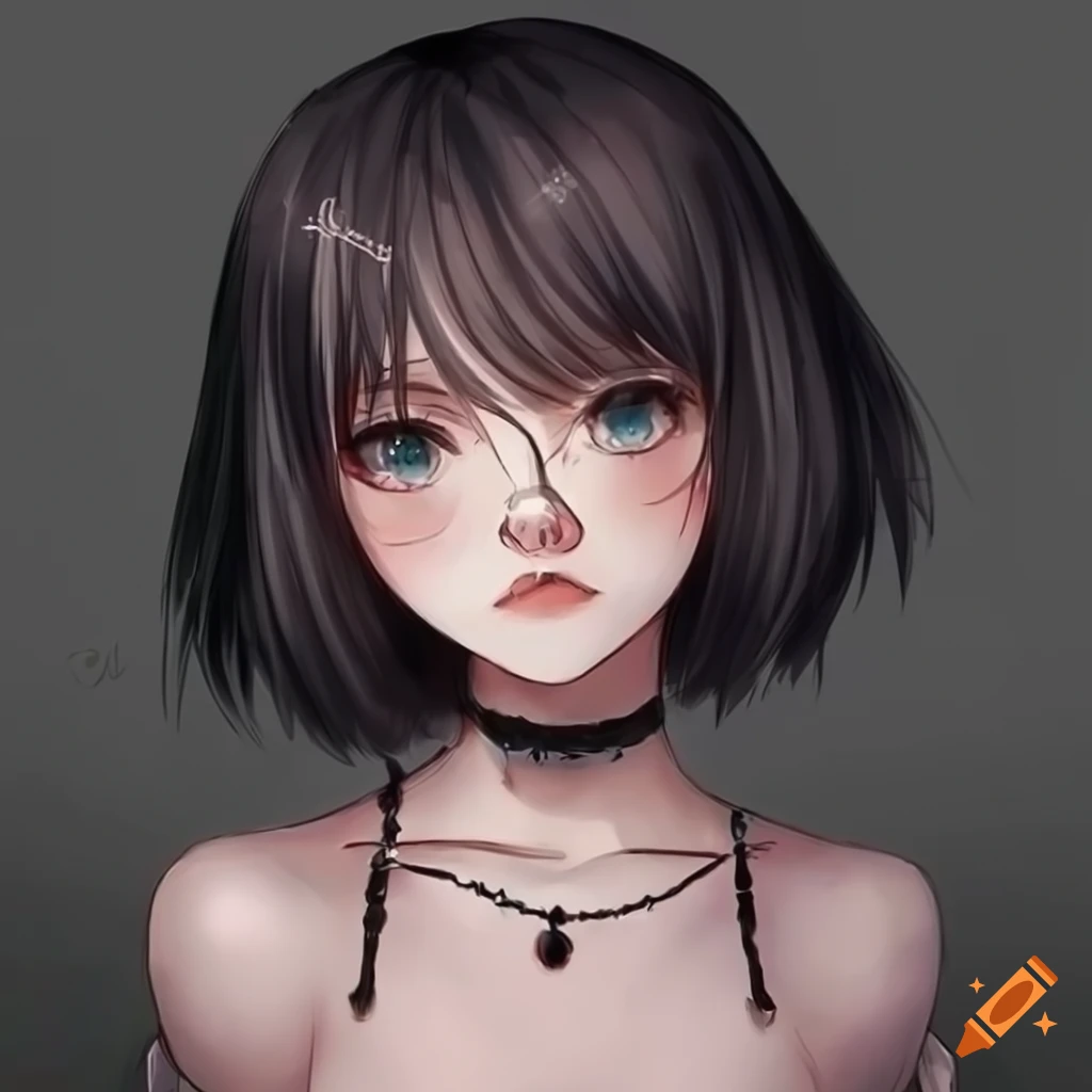 Anime-style cute pale girl with black bob hair and piercings