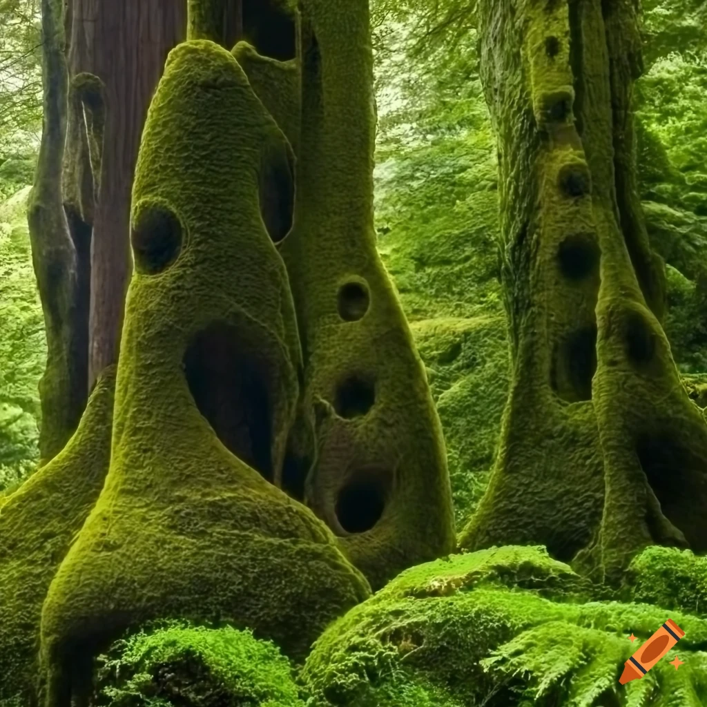 Biomorphic moss-covered tower trees in a fern forest with a cliff on ...