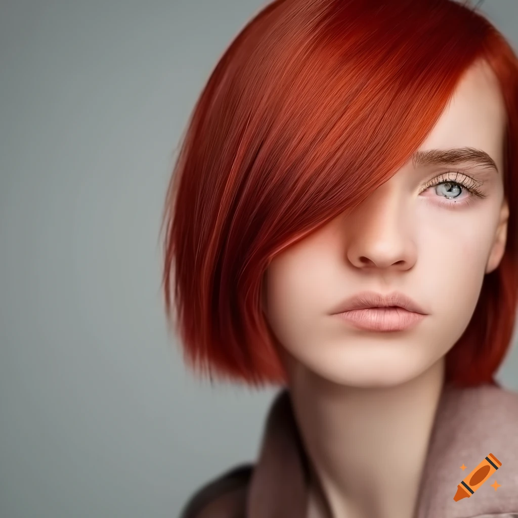 Portrait of a young woman with dark red bob hairstyle and mischievous ...