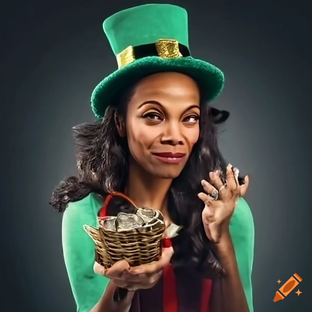 Zoe Saldana dressed as a leprechaun with a green basket of coins for St. Patrick's Day