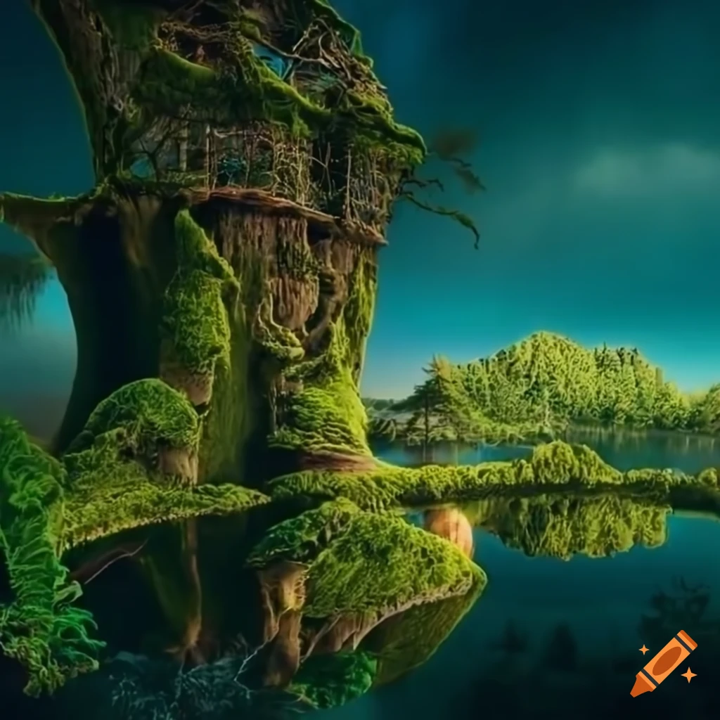 Biomorphic moss-covered tower trees in a fern forest with a surreal ...