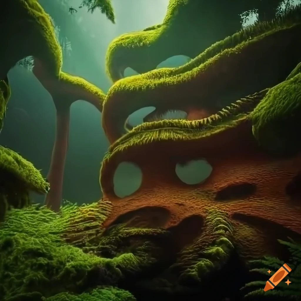 Biomorphic moss-covered tower trees in a fern forest with a magical ...