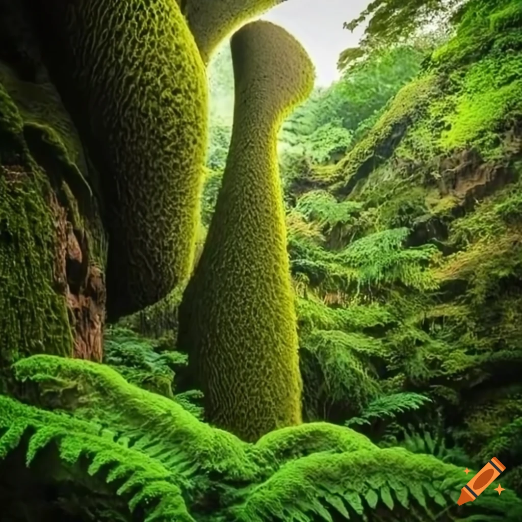 Biomorphic moss-covered tower trees in a fern forest with a cliff on ...