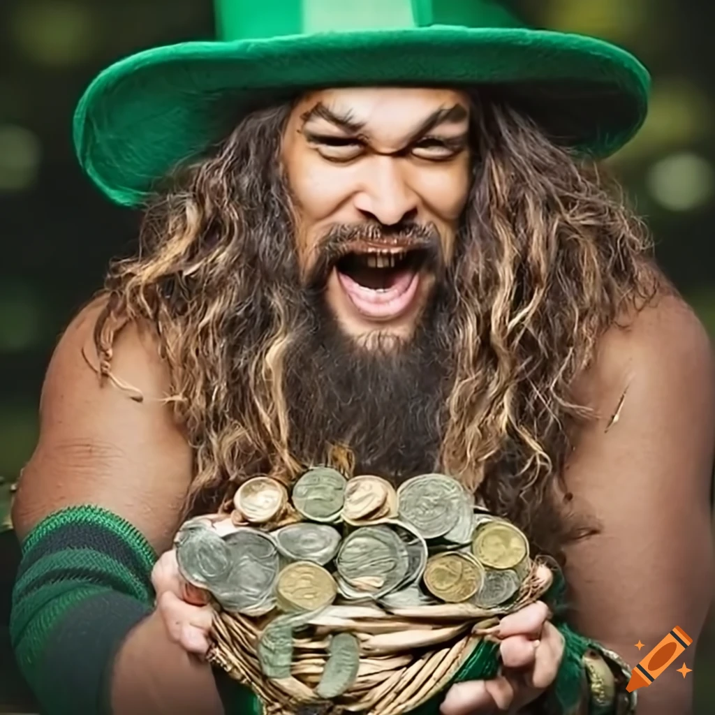 Jason Momoa dressed as a leprechaun with a green basket of coins