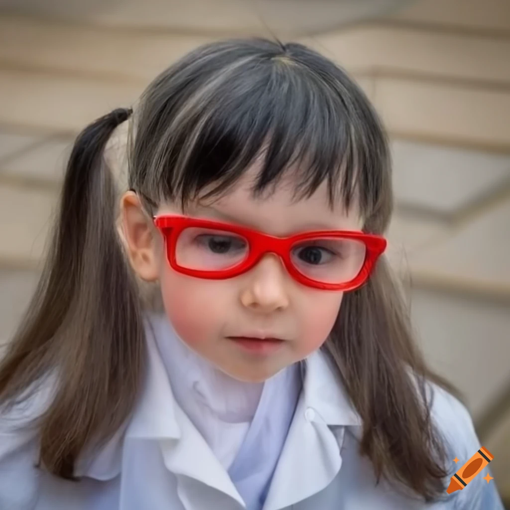 Toddler girl with pigtails and red glasses in scientist coat