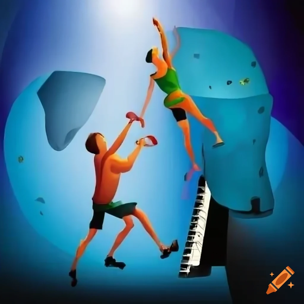 Rock climbers with a jazz keyboard in the background