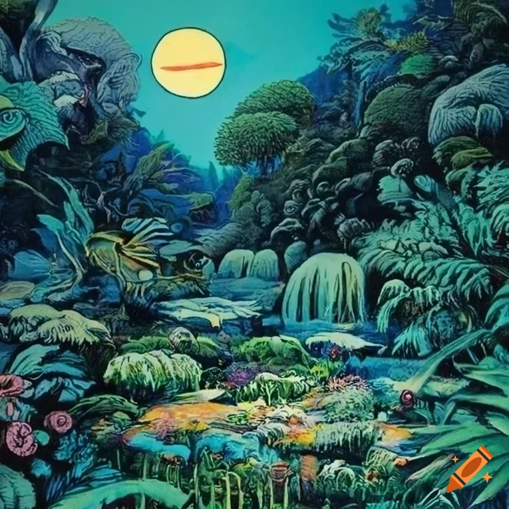 William Stout dusk serigraph from 'The Garden of Eden' depicting a landscape overtaken by demons and fantasy creatures