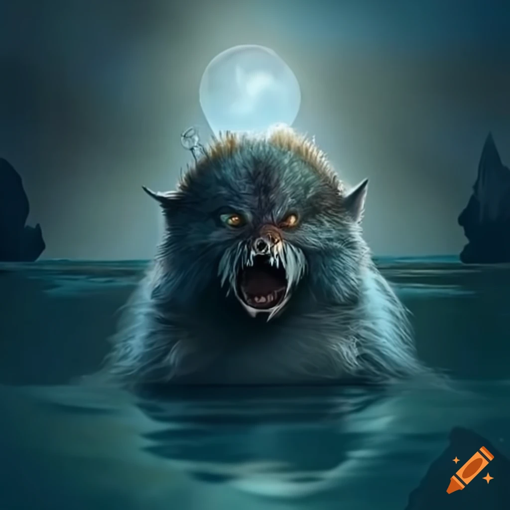 Aquarius pouring water into a lake, bringing a werewolf to life