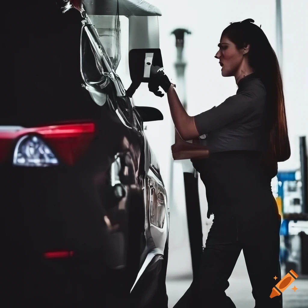 Women checking gas gauges and adjusting visors at a gas station in an automobile scene