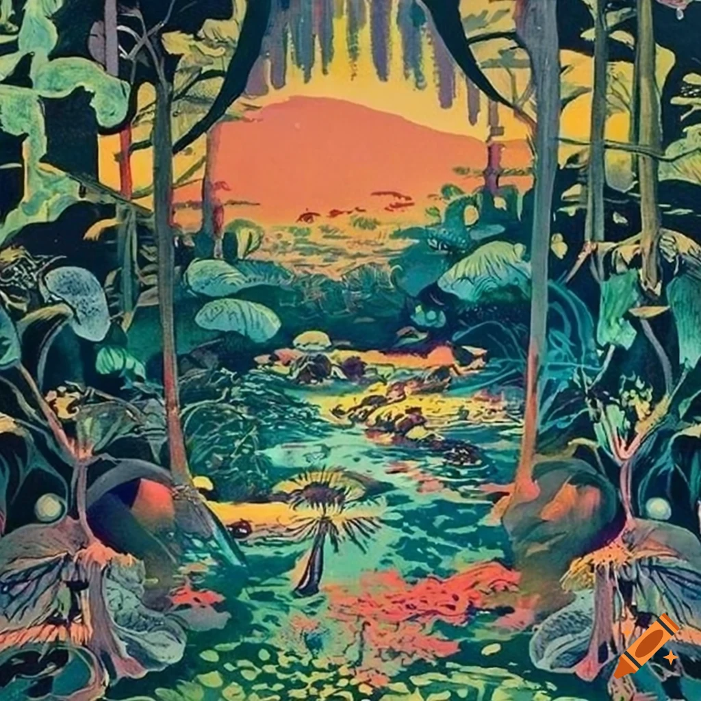 William Stout dusk serigraph from 'The Garden of Eden' depicting a landscape overtaken by demons and fantasy creatures