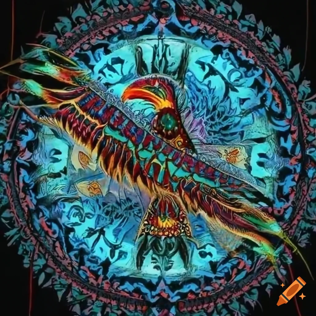 Mythological Thunderbird art with Native American feathers in circular frame