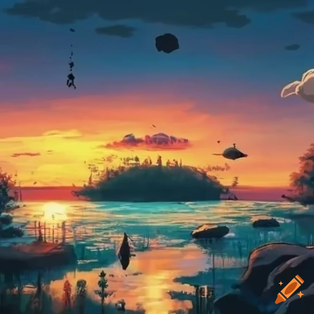 Sunrise landscape in Ghibli style