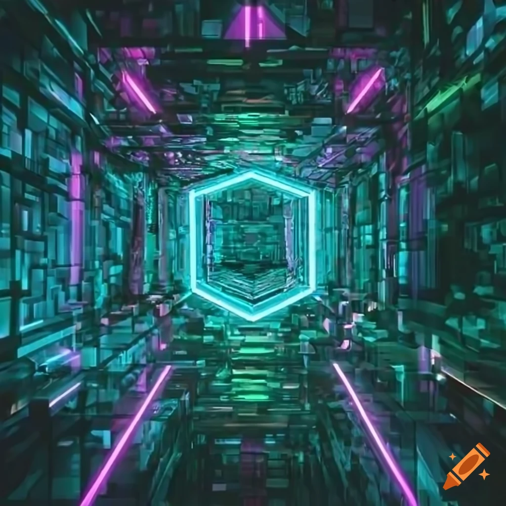3d neon cube in the middle of a dark jungle on Craiyon