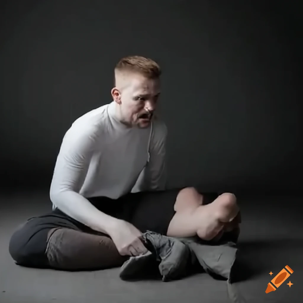 Man arguing with piece of clothing on the ground