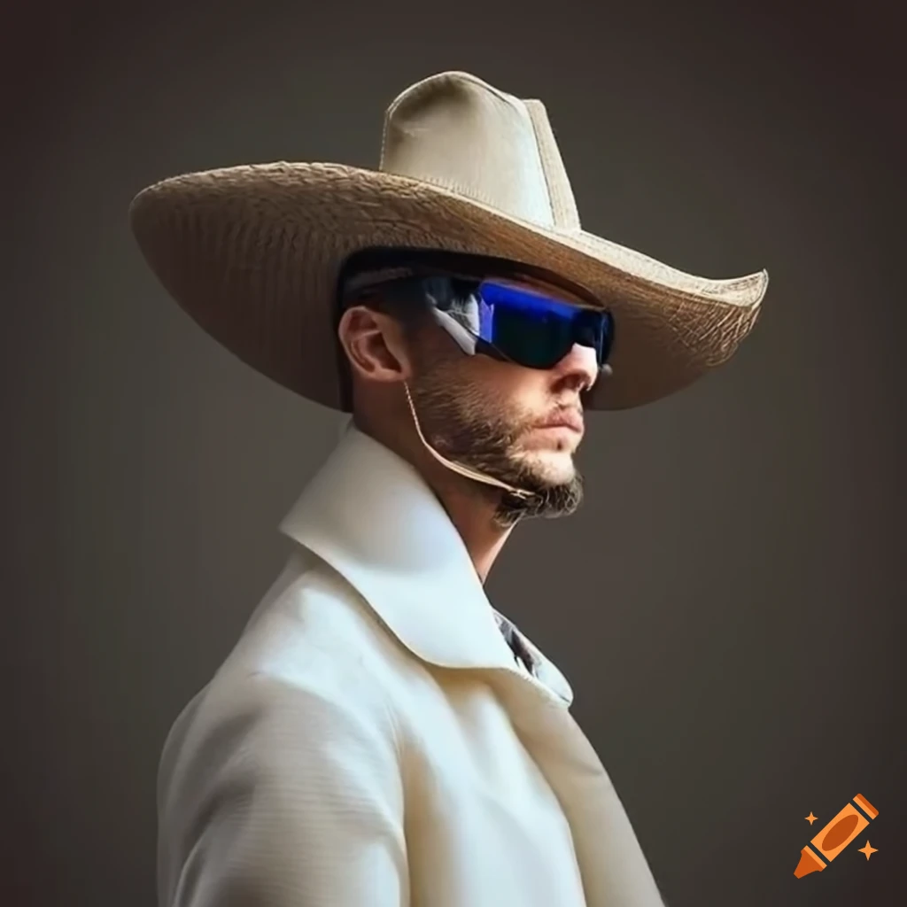 Man wearing a white lab coat, cowboy hat, and pit viper sunglasses on