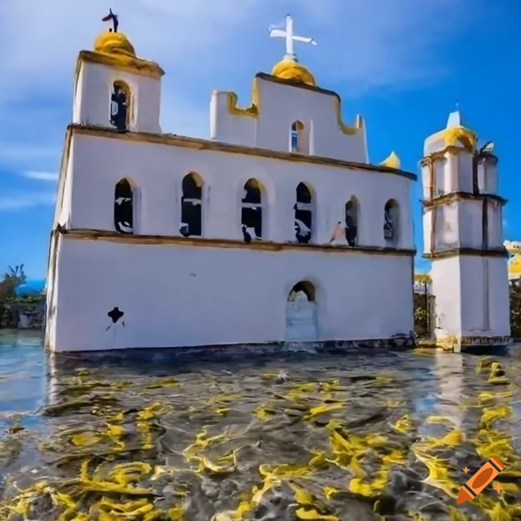Ancient Mexican church partially submerged in water with coral and seaweed adornments