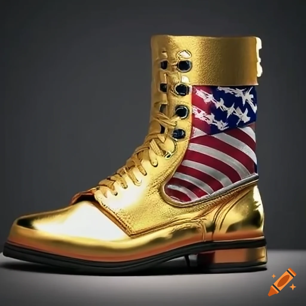 Gold shoes with American flag and letter T design worn by a young man