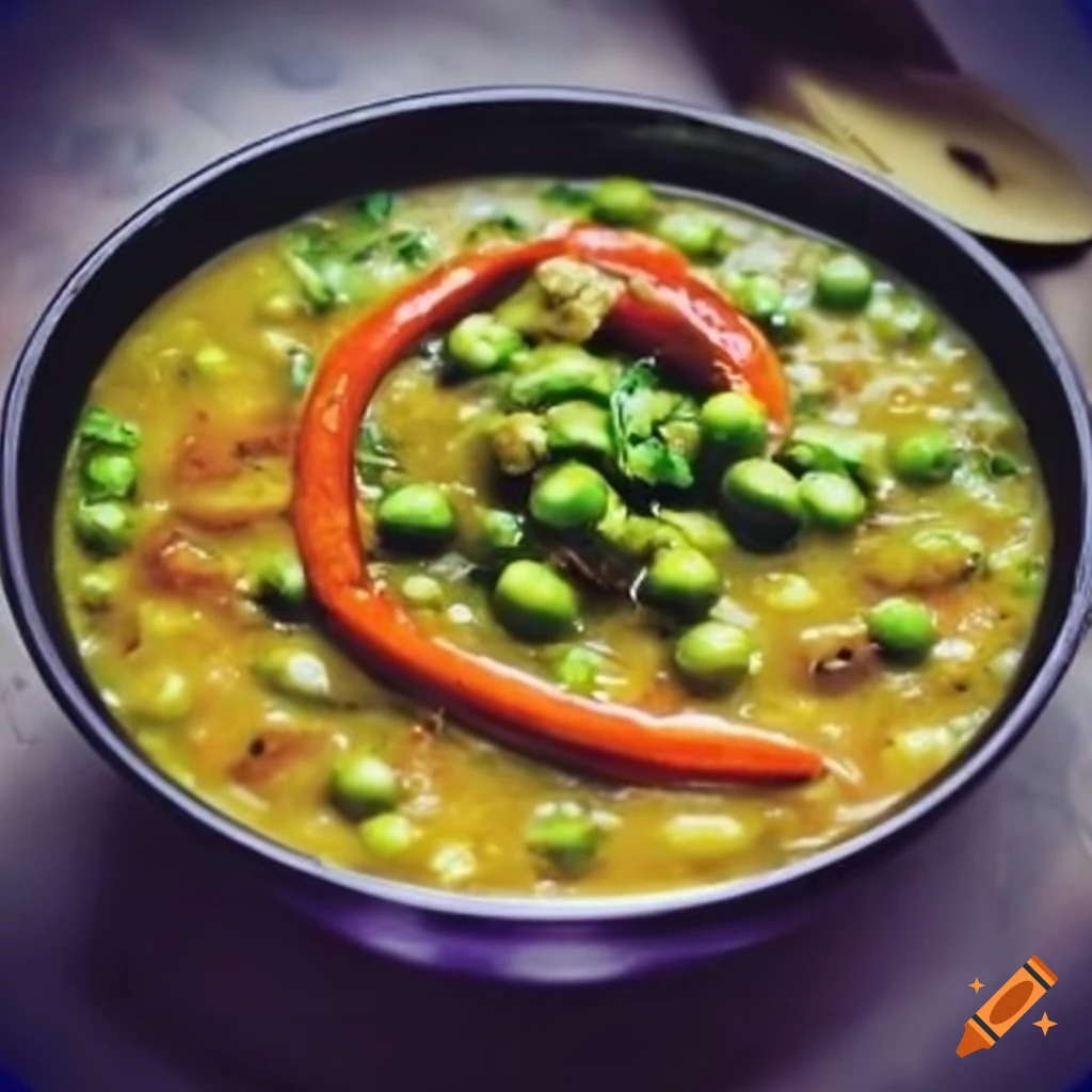 Indian Style Dal Tadka with green peas, coriander topping, and fried red chili