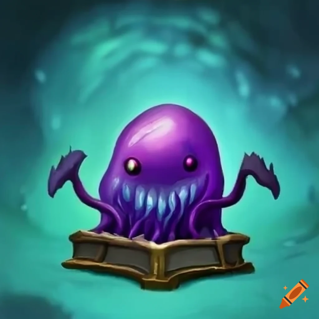 Small gelatinous ooze dnd purple wizard with a magic book on Craiyon