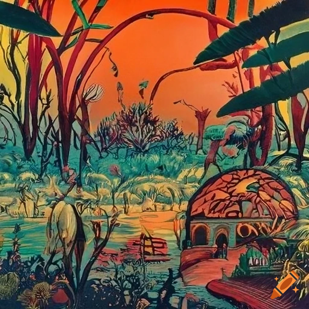 William Stout dusk serigraph from 'The Garden of Eden' depicting a landscape overtaken by demons and fantasy creatures