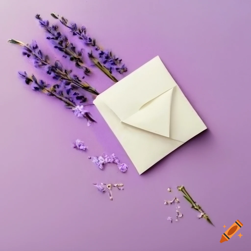 Lavender envelope with floral embellishments on white background, top view
