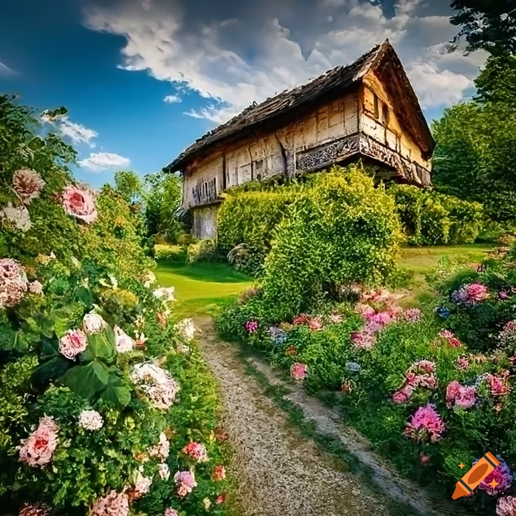 Intricate artwork of a beautifully decorated Romanian rural house with garden of roses in a village