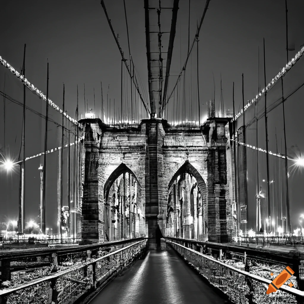 Brooklyn Bridge at night in black and white