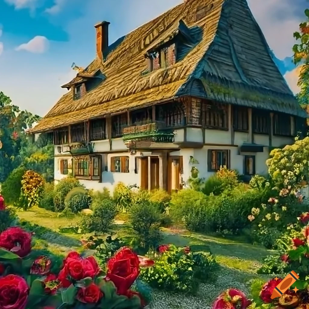Intricate artwork of a Romanian house with garden, village life, cats and bunnies by Leonardo Da Vinci