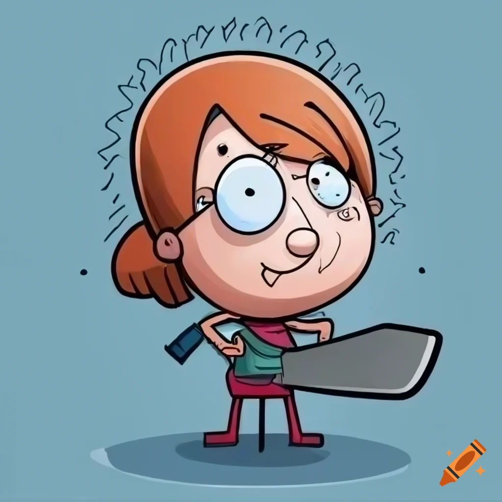 Colorful cartoon of woman sharpening a saw