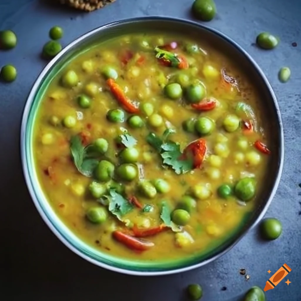 Indian style dal tadka with green peas, coriander topping, and fried
