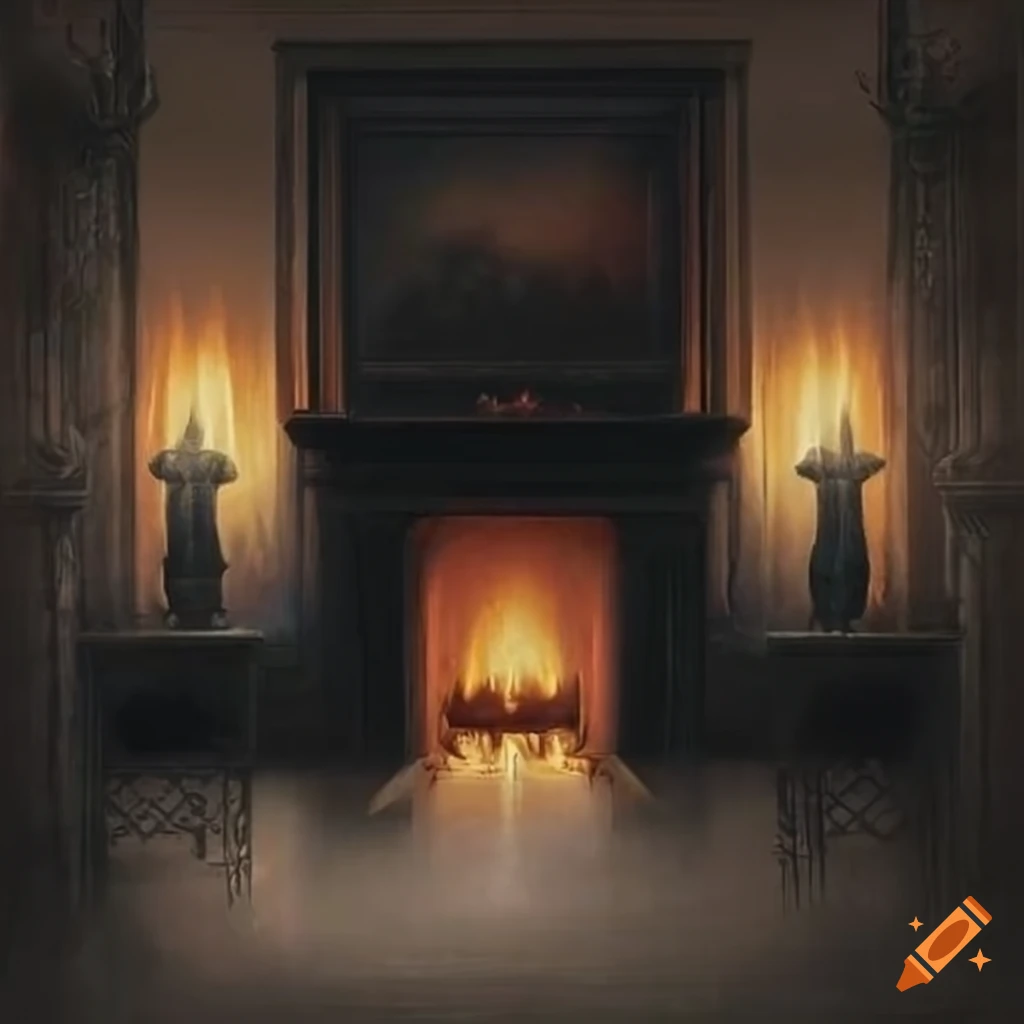 Dark and haunting painting of an empty room with a roaring fireplace on ...