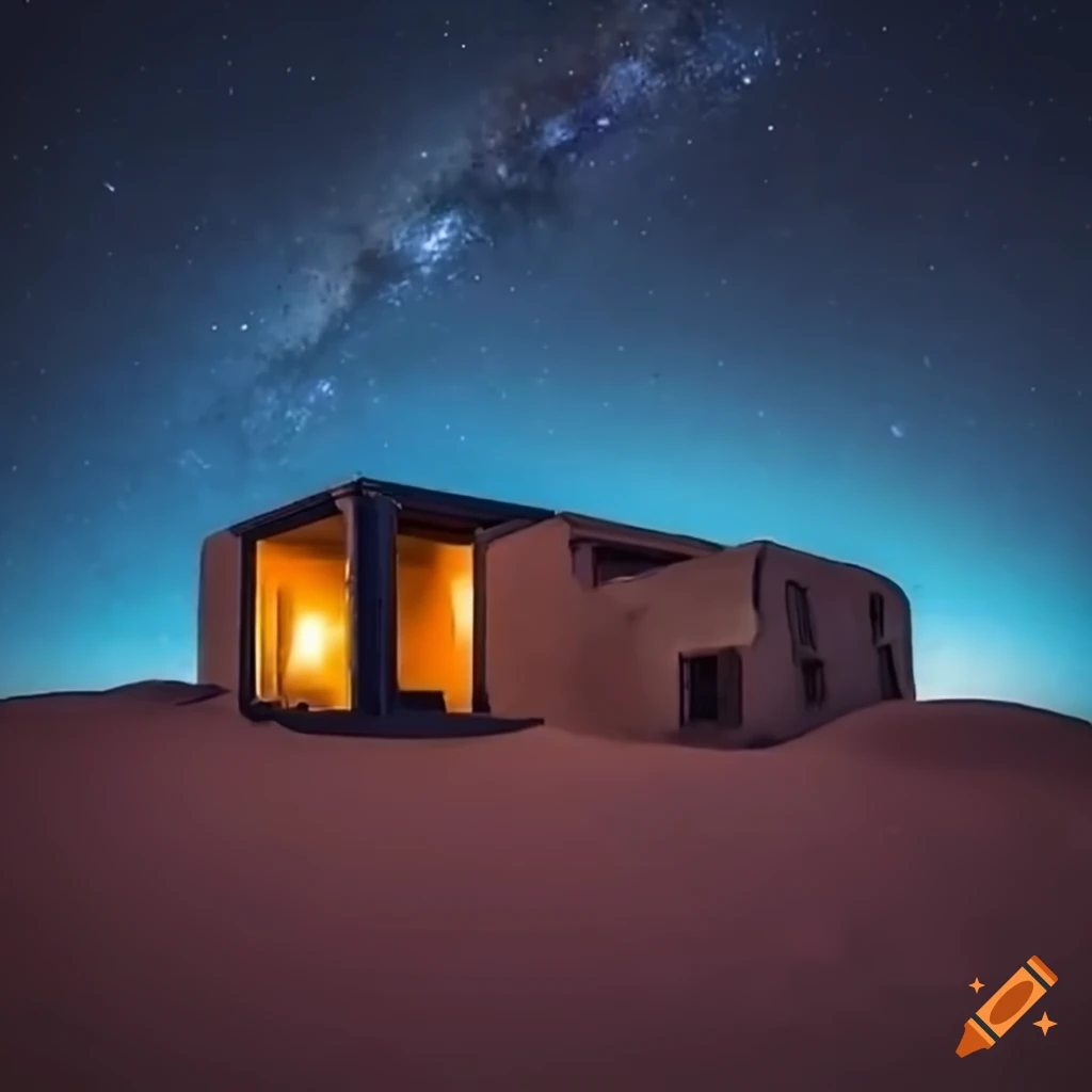 House in the desert under a starry night sky on Craiyon