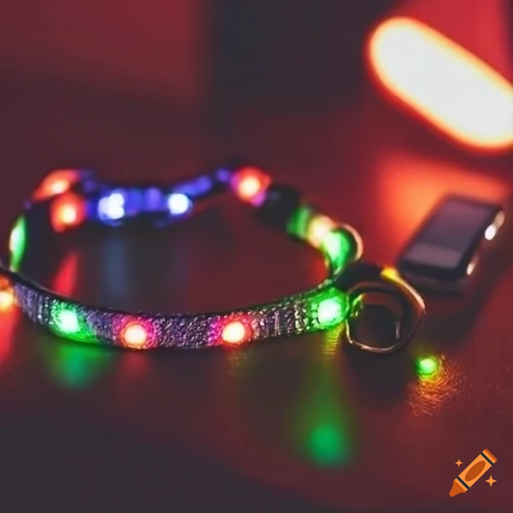Dog collar with gps and led lights on a table on Craiyon